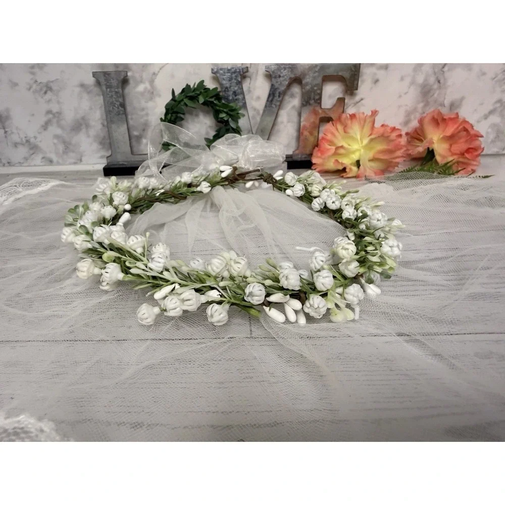 Boho Vtg Wedding Hair Vine Flower Crown White Flowers Green Wear Many Ways NWOT